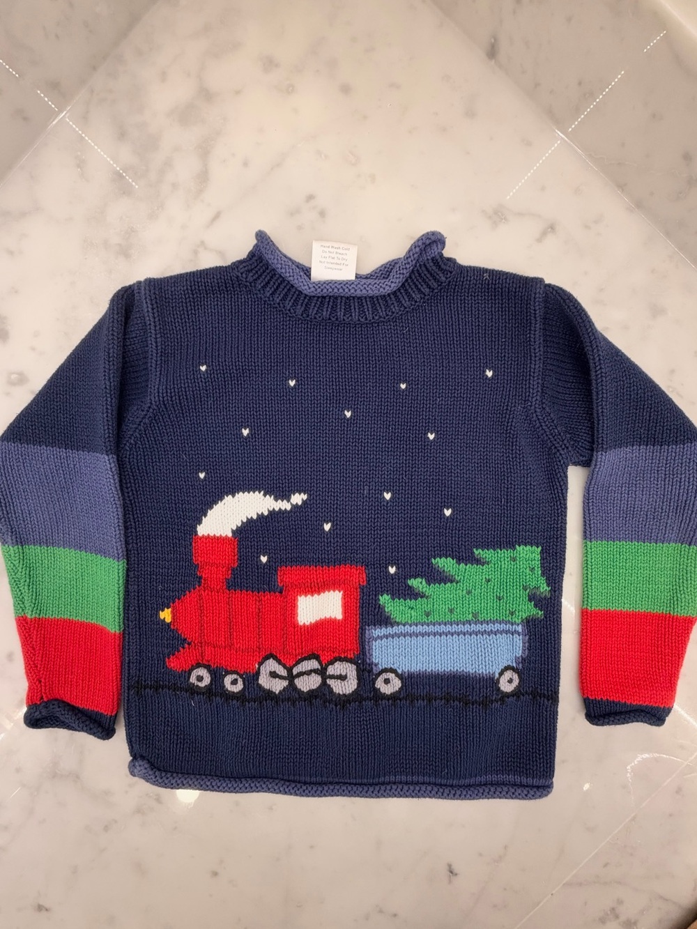 Kids Navy Blue Holiday Train Knit Sweater